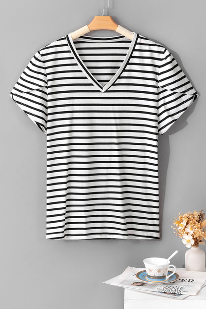 V Neck Petal Sleeve Plus Size T-Shirt | White Stripe