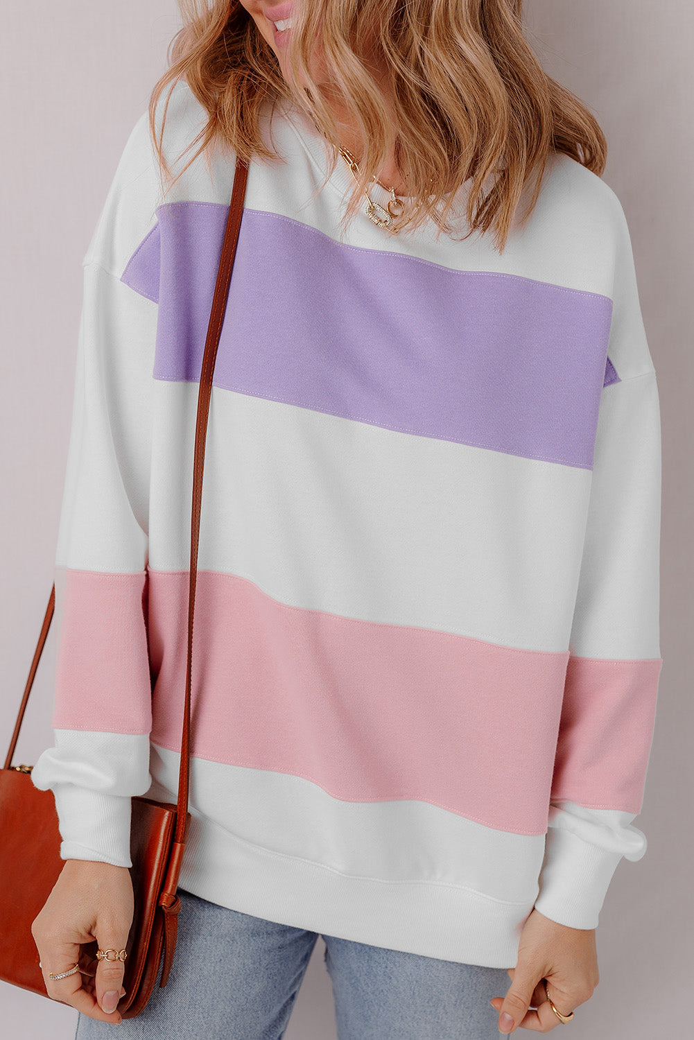 Colourblock Patchwork Drop Shoulder Crewneck Sweatshirt | Beige