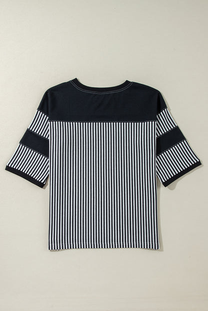 Black White Striped Patchwork 3/4 Sleeve Oversize Top | Black white