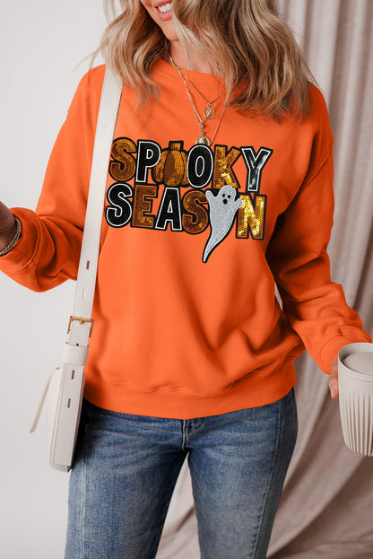 Sequin Spooky Season Ghost Pattern Halloween Pullover Sweatshirt | Russet Orange