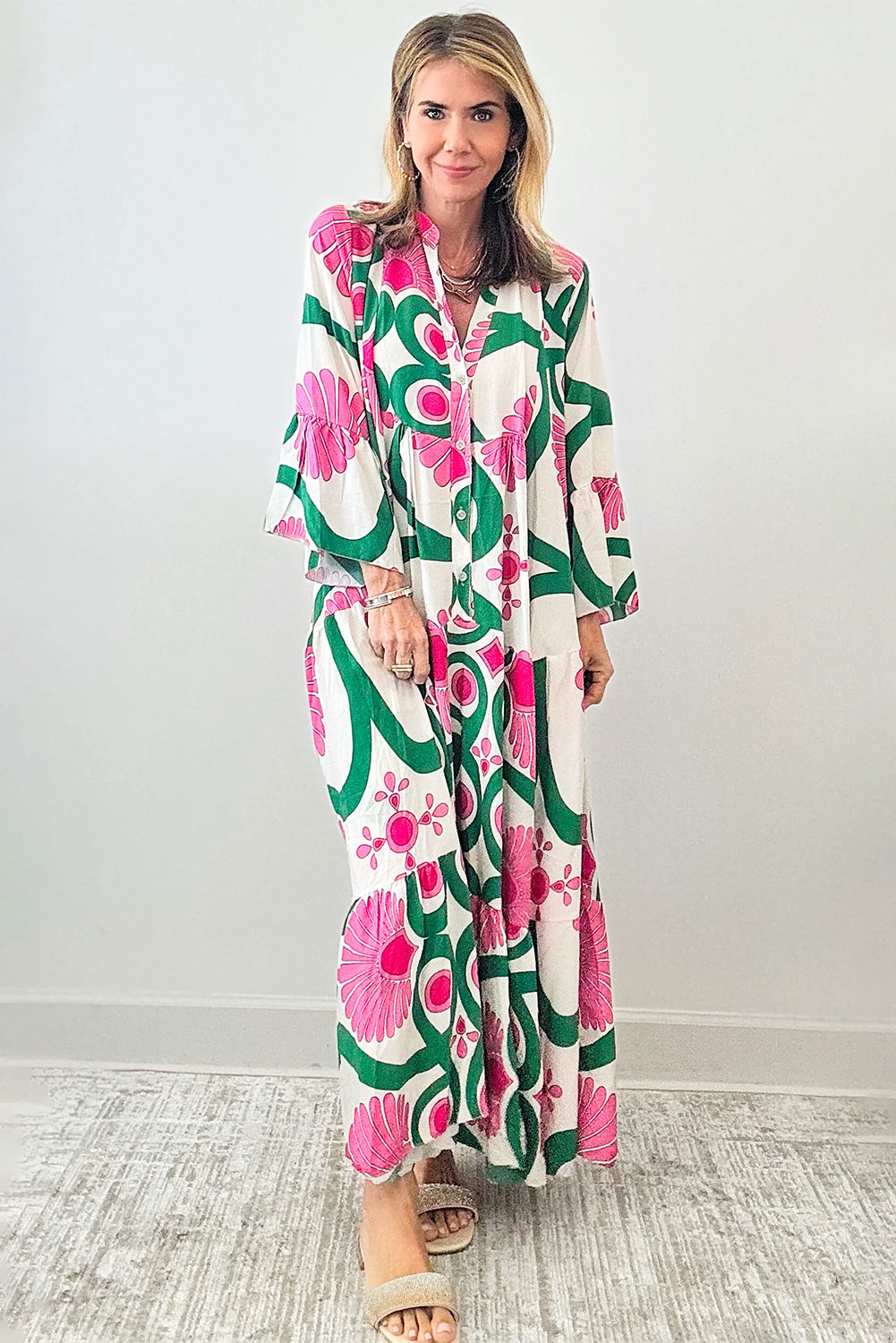 Boho Floral Printed Long Sleeve Buttoned Loose Maxi Dress | Pink