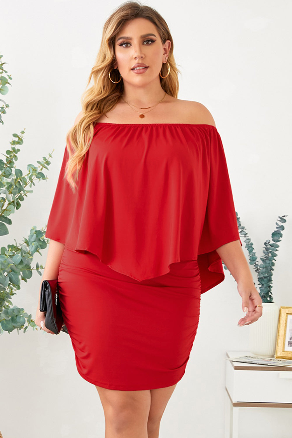 Plus Size Dressing Layered Fiery  Mini Poncho Dress | Red