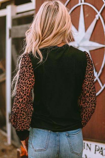 Leopard Print Long Sleeve Ribbed Knit Blouse | Black