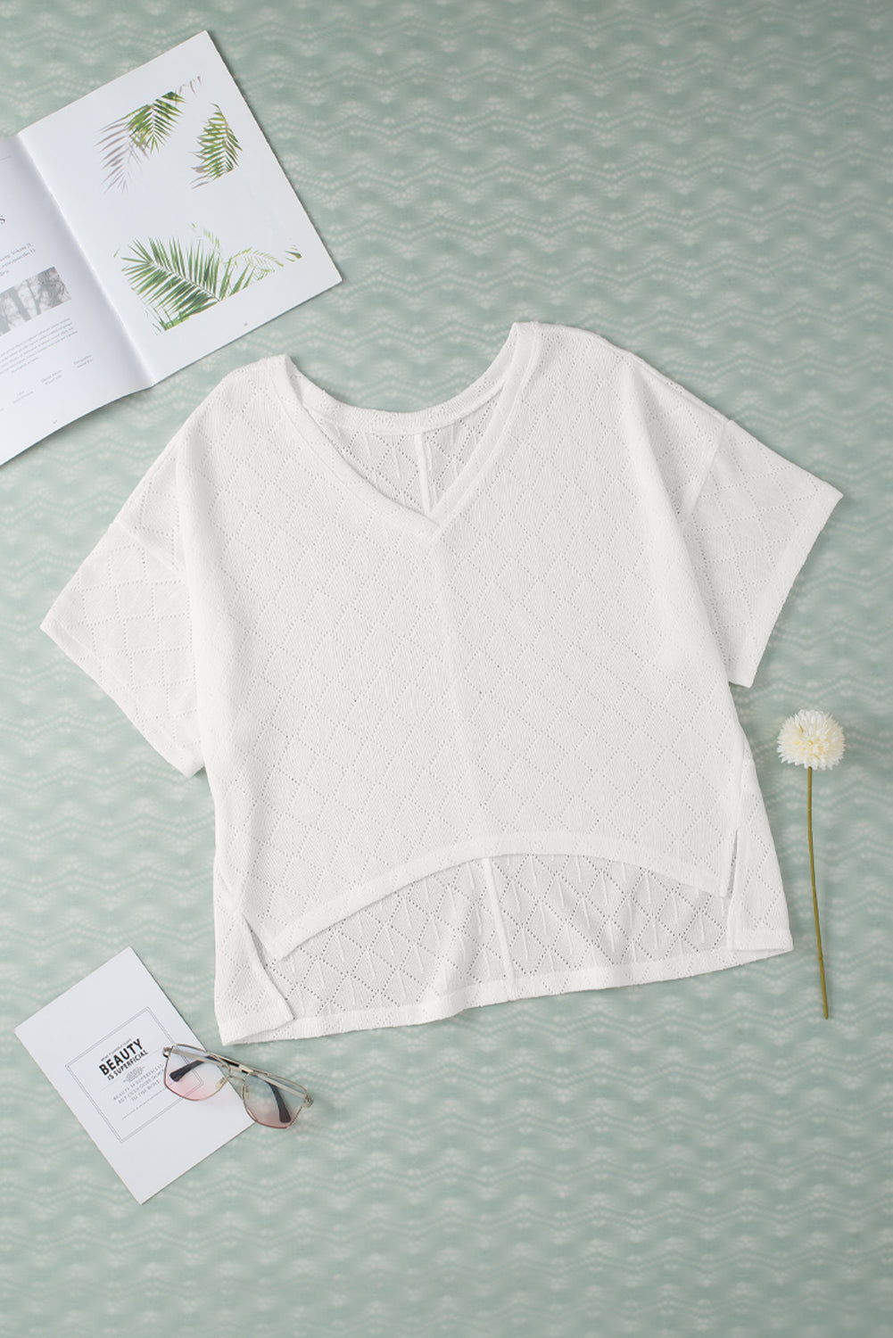 V Neck Knitted Flowy Blouse | White