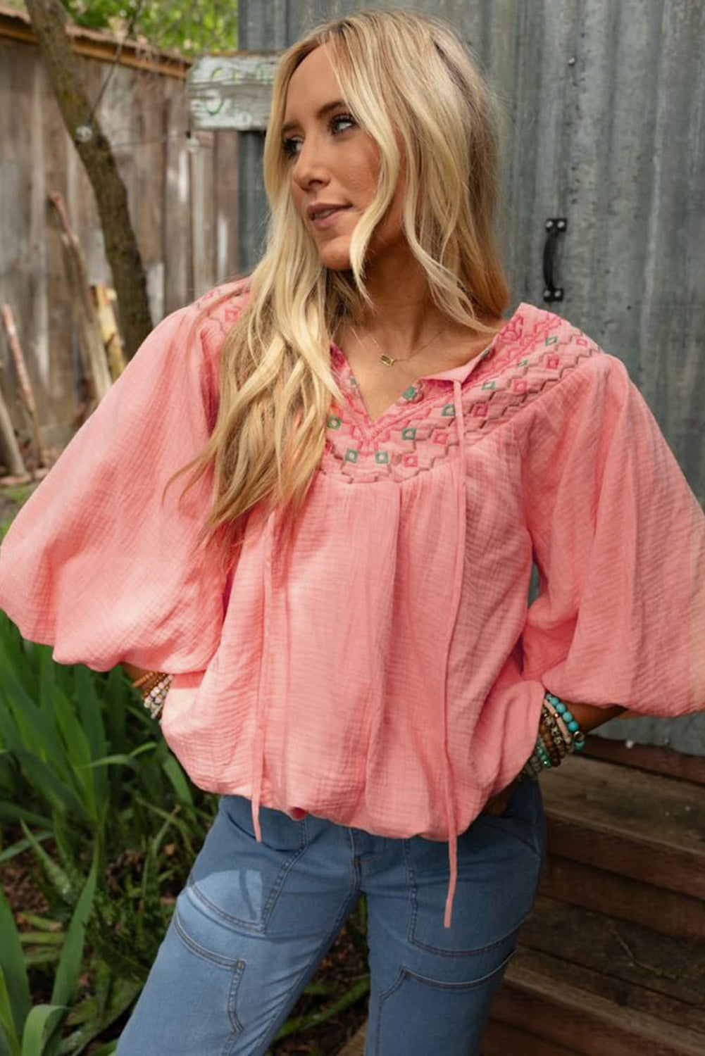 Geometric Embroidered V Neck Puff Sleeve Blouse | Apricot Pink