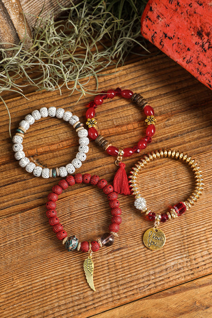 4Pcs Boho Disc Tassel Wing Pendant Beaded Bracelet Set | Red Dahlia