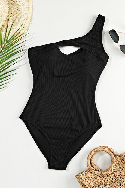 Ribbed One Shoulder Hollowed One Piece Swimsuit | Black