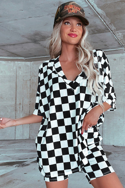 Checkerboard Print V Neck Loose Tee And Shorts Lounge Set | Black