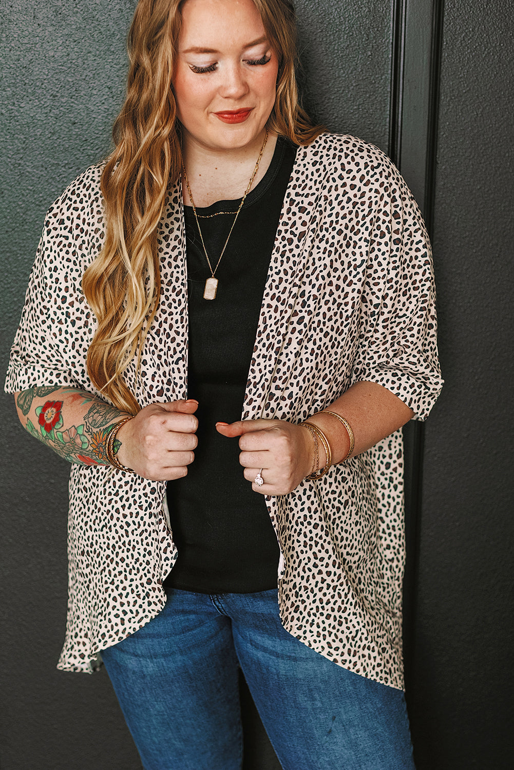 Plus Size Leopard Print Half Sleeve Open Front Cardigan | Khaki