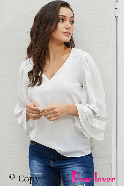 Flare Sleeve V Neck Loose Blouse | White