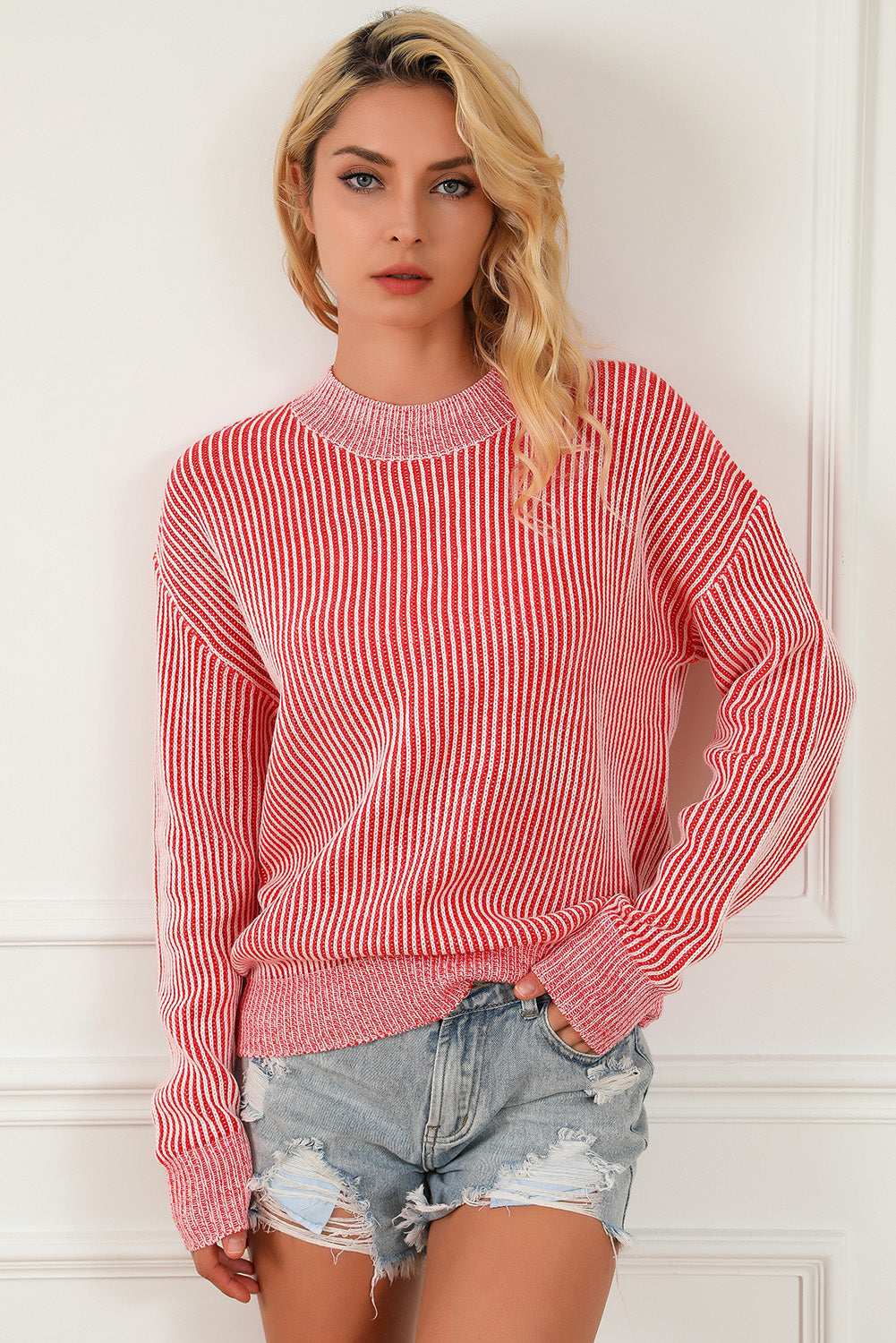 Striped Print Ribbed Trim Round Neck Sweater | Red