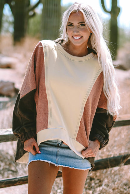 Beige Oversized Color Block Patchwork High Low Hoodie