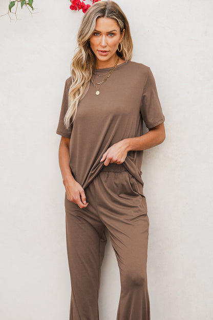 Solid Colour T Shirt 2 Piece Wide Leg Pants Set | Smoke Gray