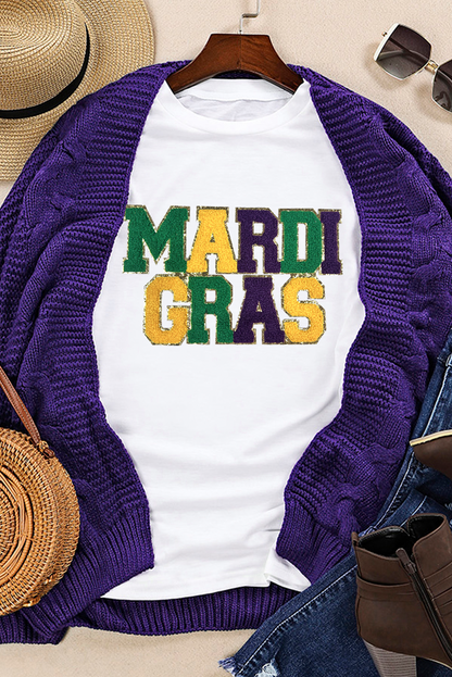 Chenille Mardi Gras Patched Graphic T Shirt | White