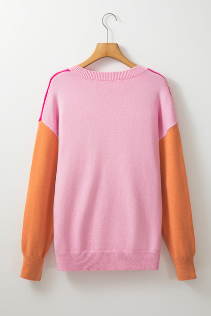 Three Tone Contrast Round Neck Loose Sweater | Bonbon