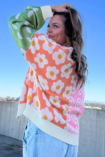 Flower & Dotted Mixed Print Colourblock Open Front Cardigan | Orange