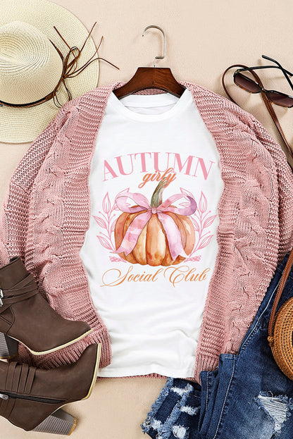 Autumn Girly Thanksgiving Bowknot Pumpkin Graphic T Shirt | White