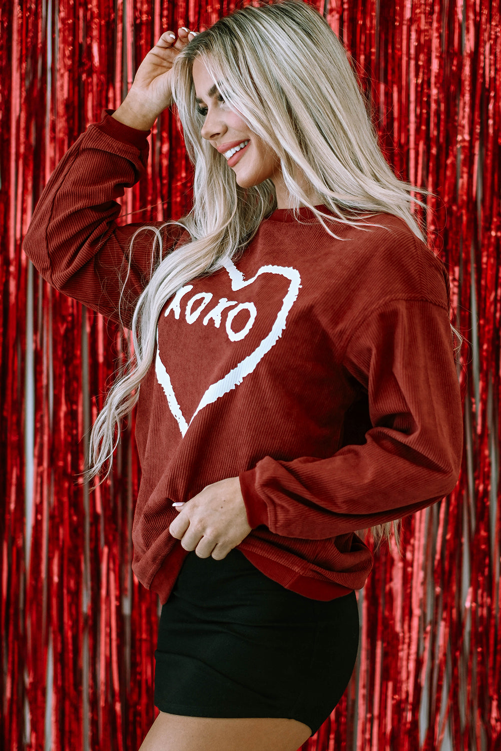 Xoxo Heart Shape Graphic Corded Sweatshirt | Racing Red