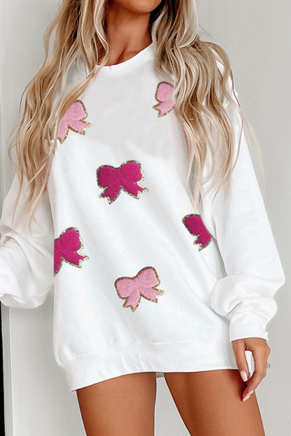 Chenille Bowknot Graphic Drop Shoulder Baggy Sweatshirt | White