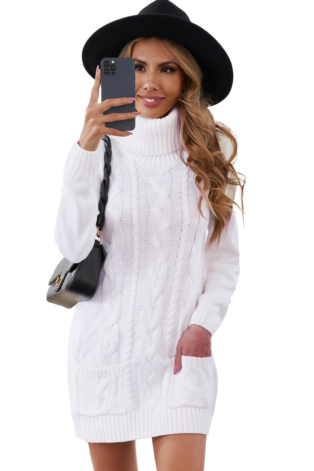 Cowl Neck Cable Knit Sweater Dress | White