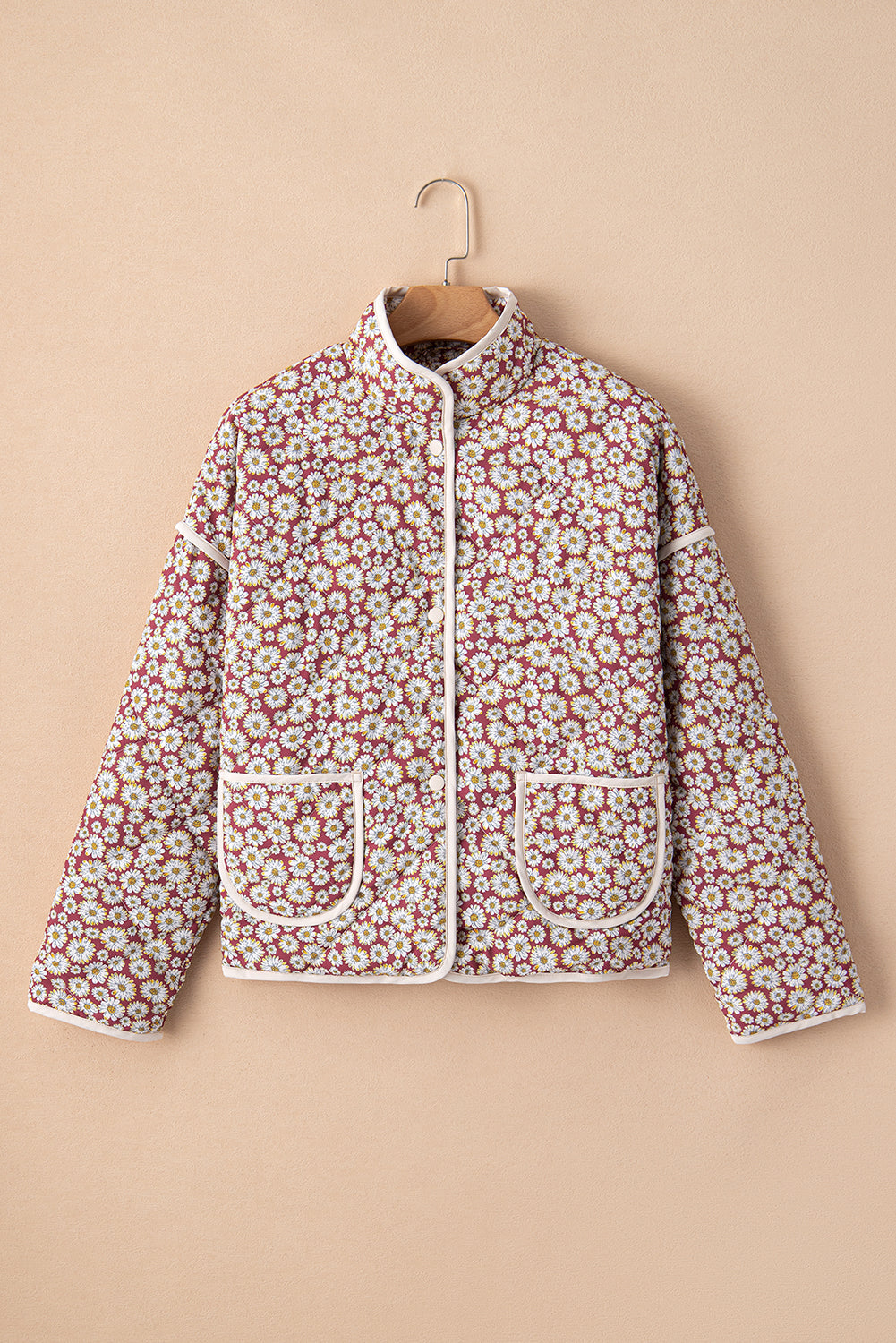 Floral Print Contrast Edge Pocketed Stand Neck Jacket | Pink