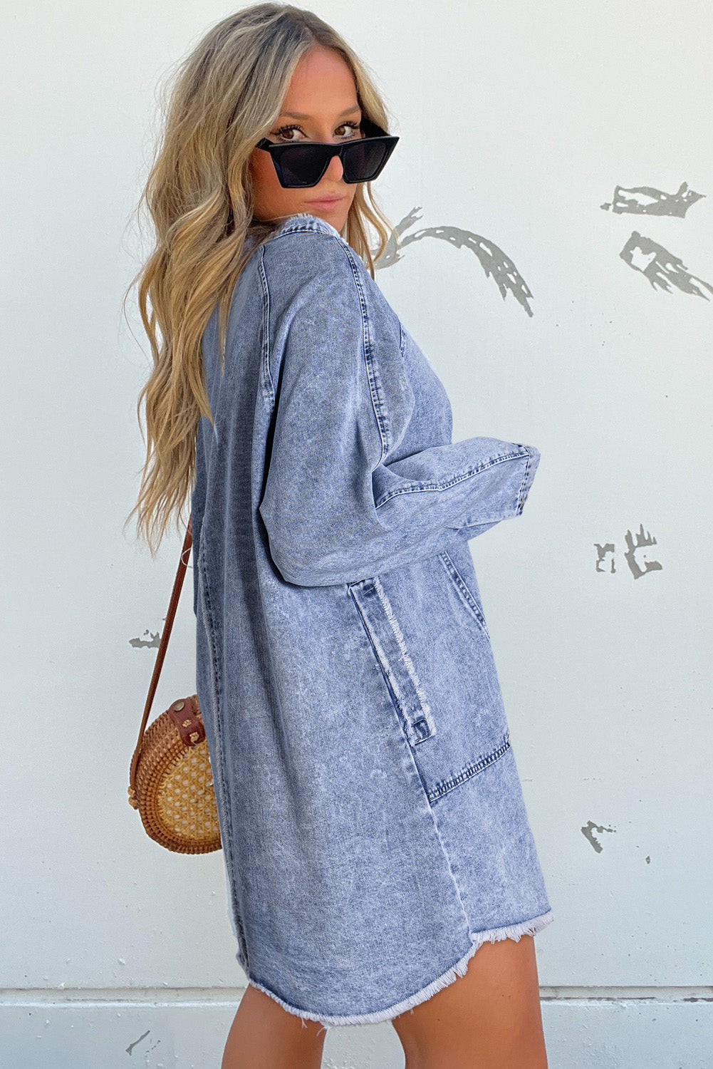 Mineral Wash Long Sleeve Button Up Raw Hem Pocketed Denim Dress | Beau Blue