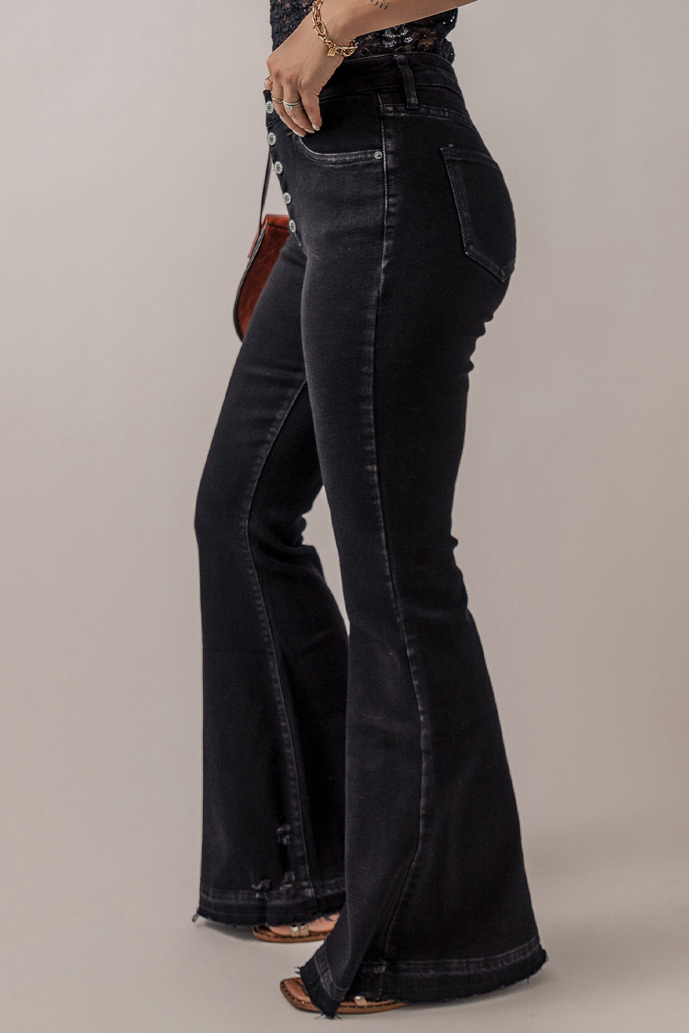 High Waist Button Front Flare Jeans | Black