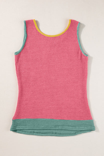 Colour Block Patched Pocket Breathable Knit Tank Top | Strawberry Pink