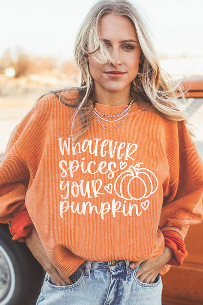 Pumpkin Letter Print Oversized Corduroy Sweatshirt | Orange