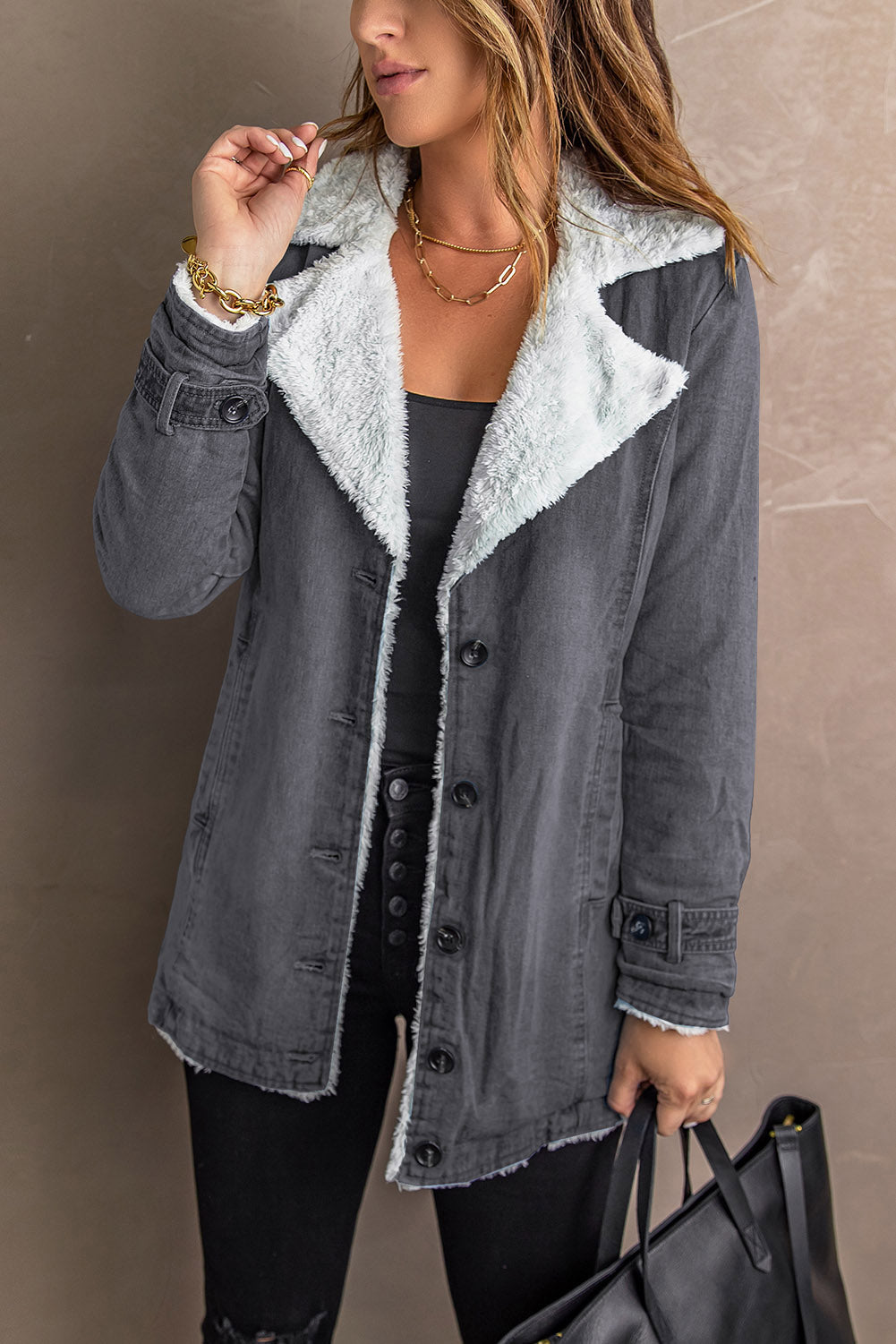 Lapel Collar Button Fleece Jacket | Gray