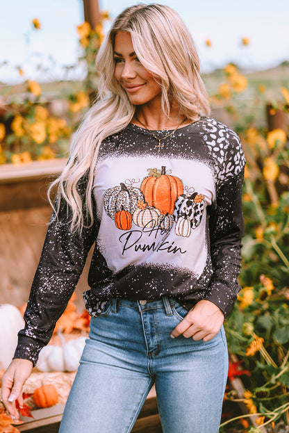 Leopard Bleached Pumpkin Graphic Long Sleeve Top | Black