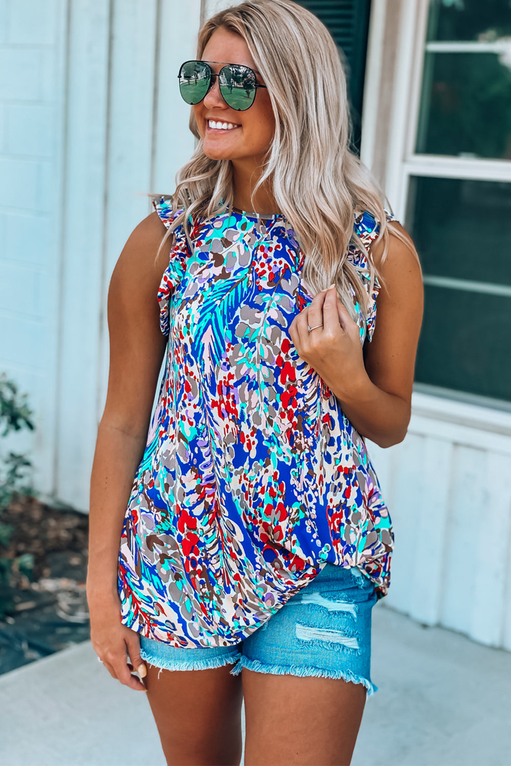 Floral Print Tank Top With Ruffles | Blue