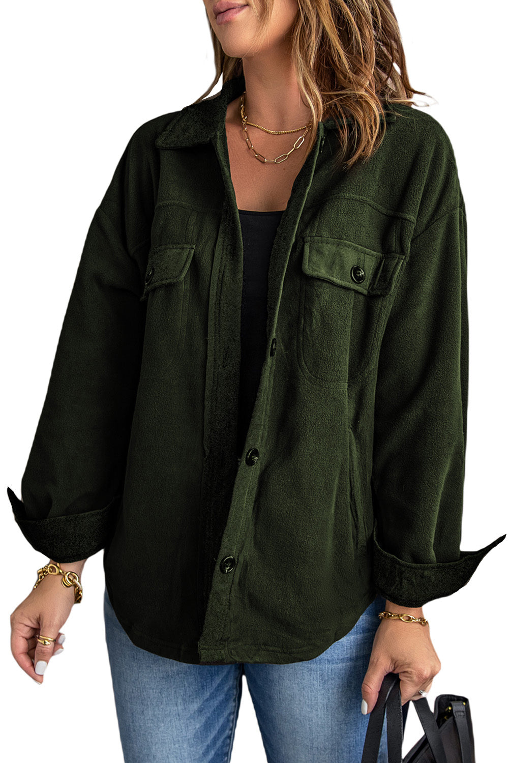 Turn Down Collar Buttoned Shirt Jacket | Green