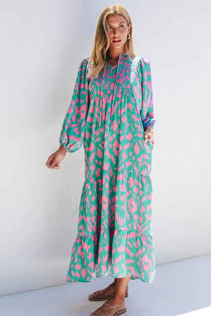 Abstract Print Puff Sleeve Tied Notched Neck Long Dress | Green