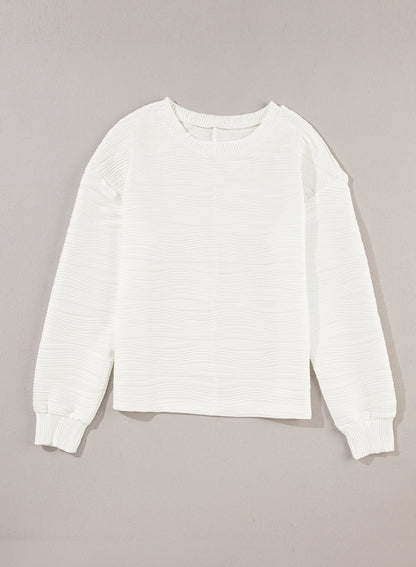 Wavy Texture Drop Shoulder Long Sleeve Top | White