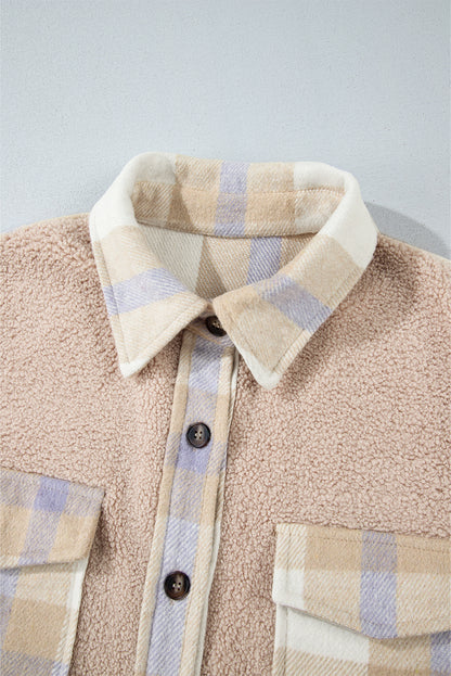 Plaid Patchwork Collared Button-Up Sherpa Long Coat | Smoke Gray