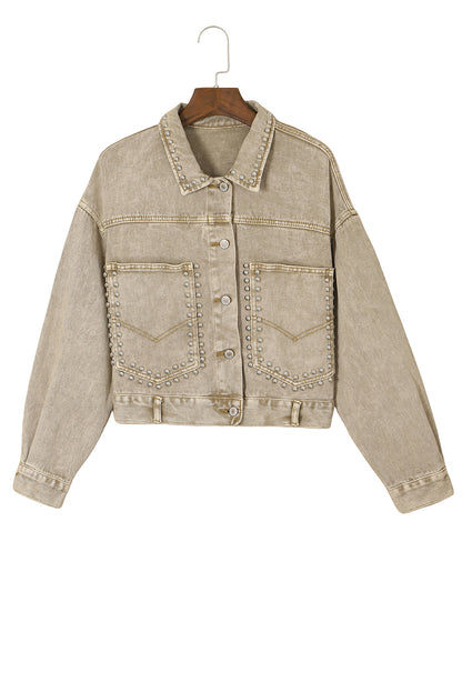 Light French Beige Rivet Studded Pocketed Denim Jacket | Flaxen