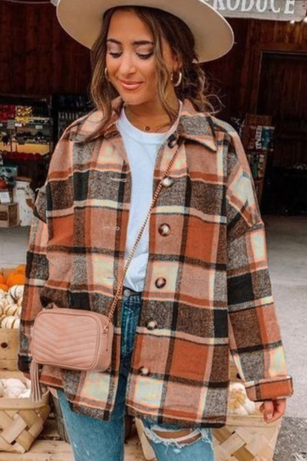 Plaid Print Buttoned Shirt Jacket | Orange