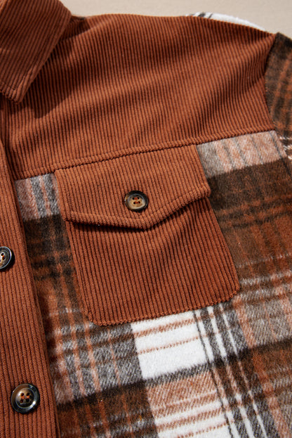 Plaid Corduroy Patchwork Chest Pocket Shacket | Cinnamon