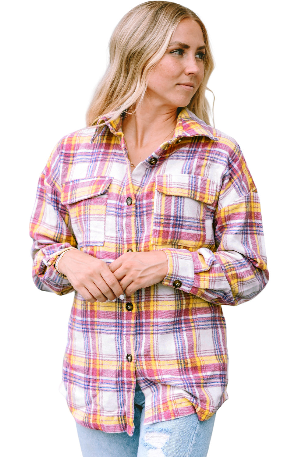 Fiery  Plaid Print Rounded Hem Shirt Jacket | Red