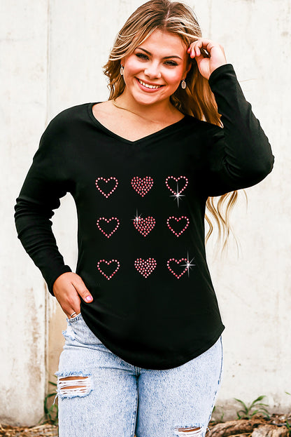 Valentines Day Rhinestone Heart Graphic Long Sleeve Tee | Black