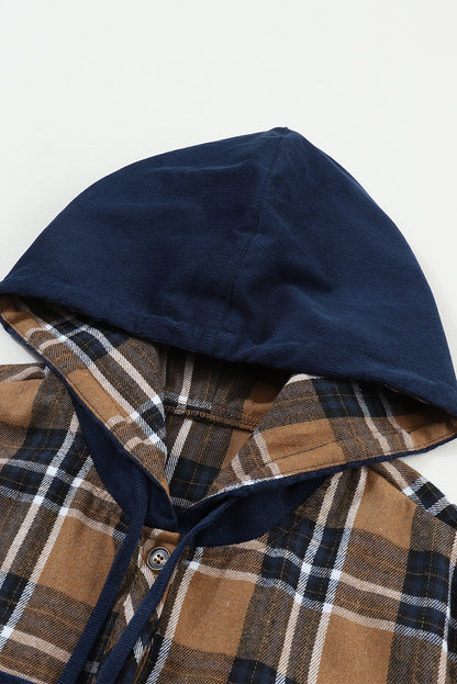 Bluing Contrast Hooded Drawstring Plaid Shacket | Mazarine