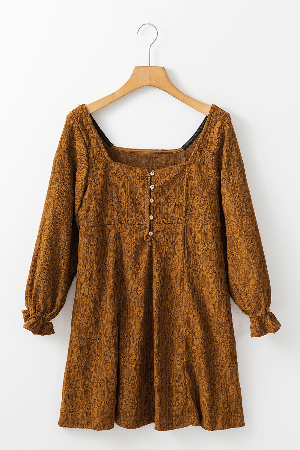 Lace Crochet Buttoned Square Neck Shift Mini Dress | Chestnut