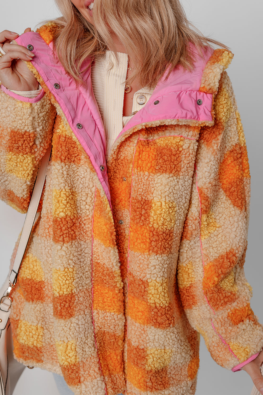 Checkered Sherpa Hooded Jacket | Orange