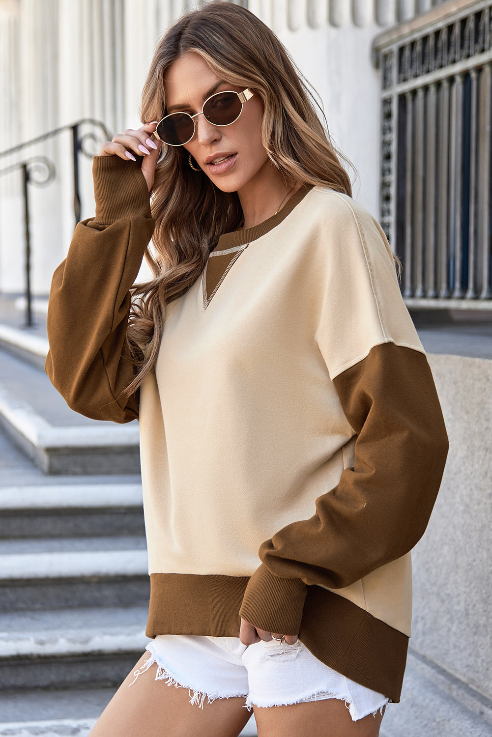 Colour Block Thumbhole Sleeve Drop Shoulder Sweatshirt | Apricot