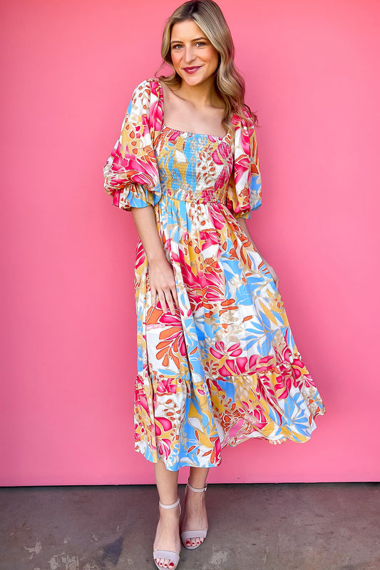 Tropical Print Smocked Bodice Puff Sleeve Maxi Dress | Rose Red