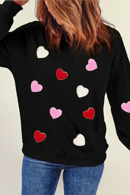 Heart Shaped Chenille Embroidered Crew Neck Sweatshirt | Black