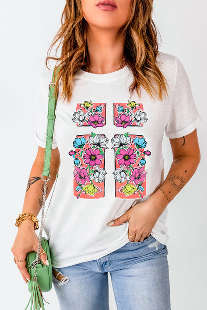 Floral Crossed Graphic Easter Round Neck T Shirt | White