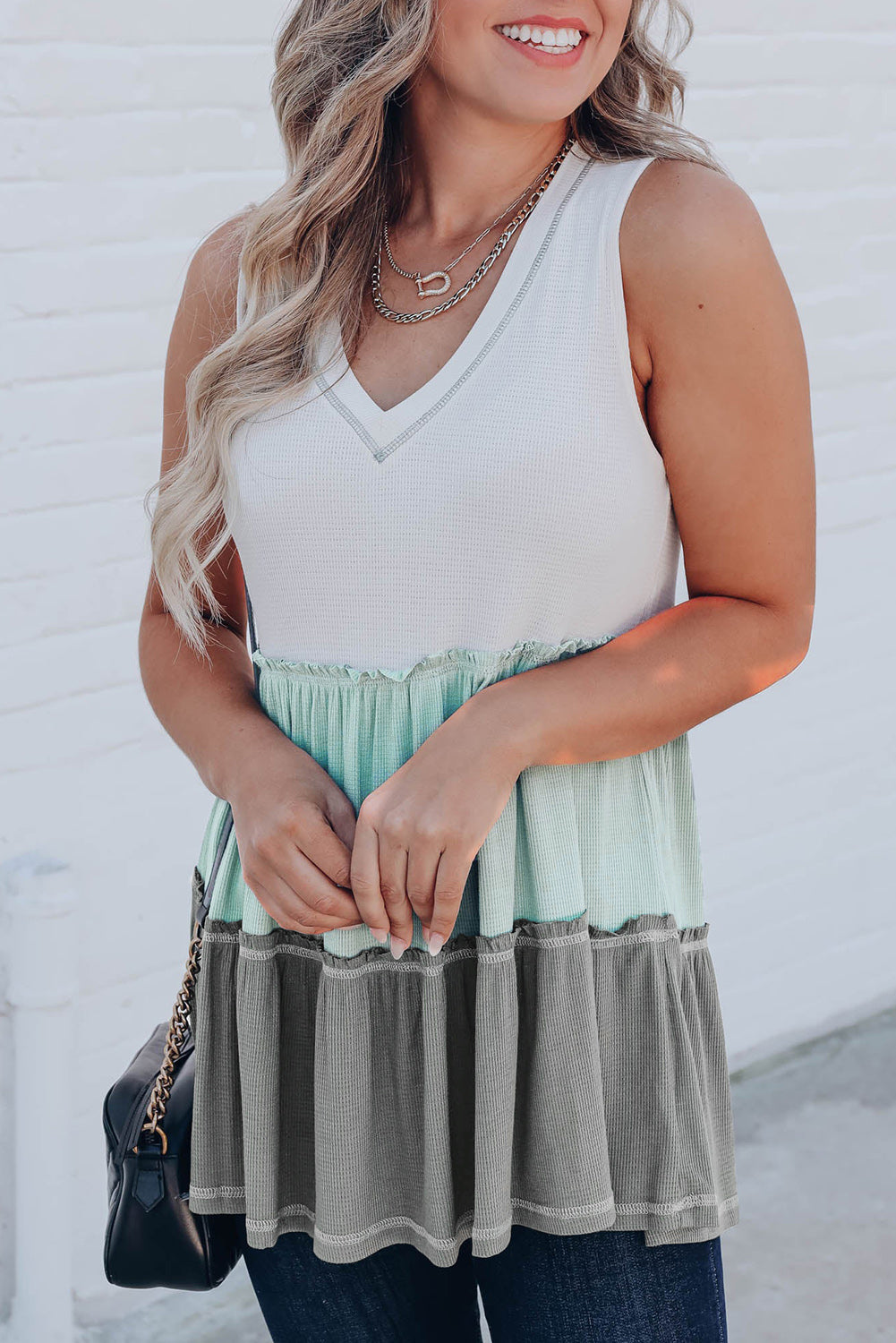 Ruffled V Neck Colour Block Tank Top | Green