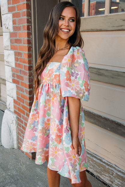 Summer Floral Square Neck Puff Sleeve Babydoll Dress | Pink